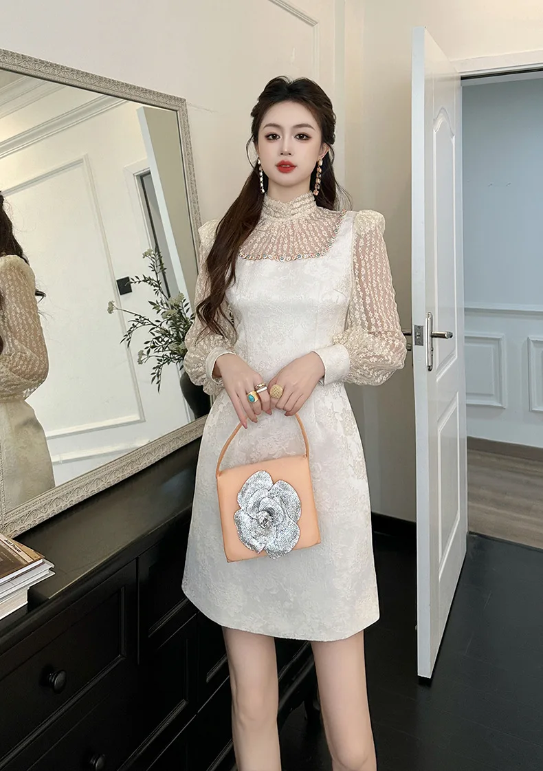 

Autumn new style female celebrity temperament lace stitching diamond waist hip package fake two-piece dress