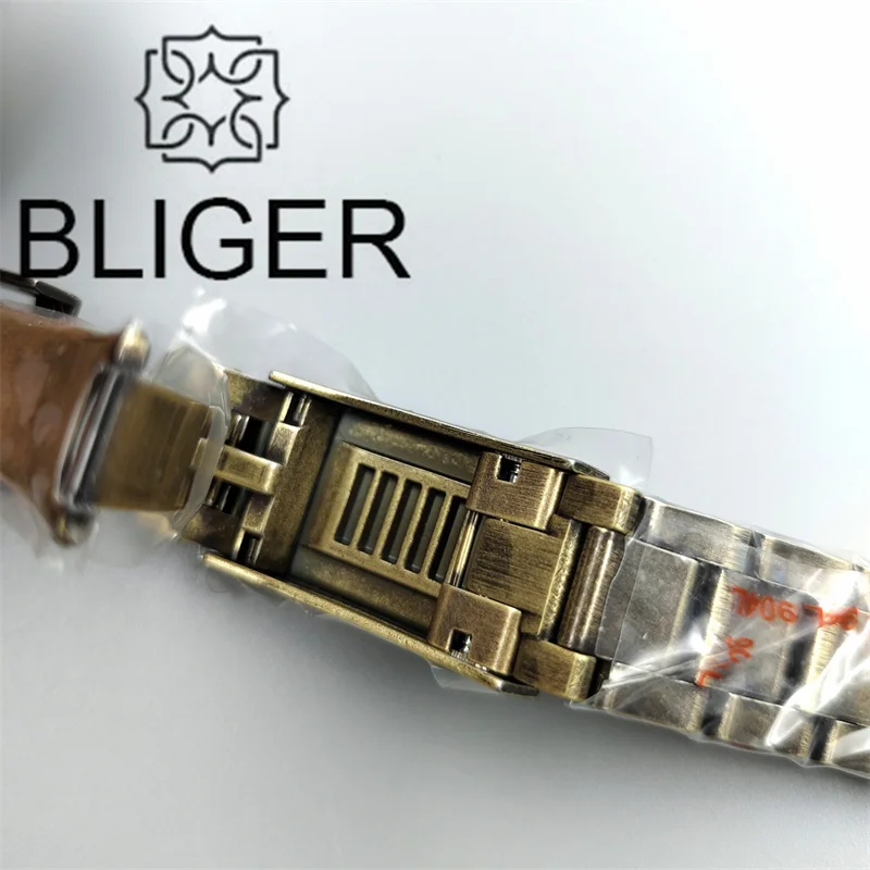 BLIGER 20mm/21mm Steel Strap Bronze Coated Watch Band Solid 904L Stainless Steel Glide Folding Buckle Fits 40mm/43mm Case