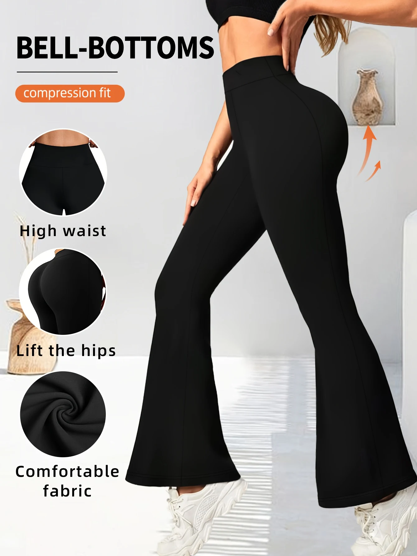 Ladies' spring and summer high waisted flared pants, black elastic waistband, casual versatile tight pants, loose wide leg pants