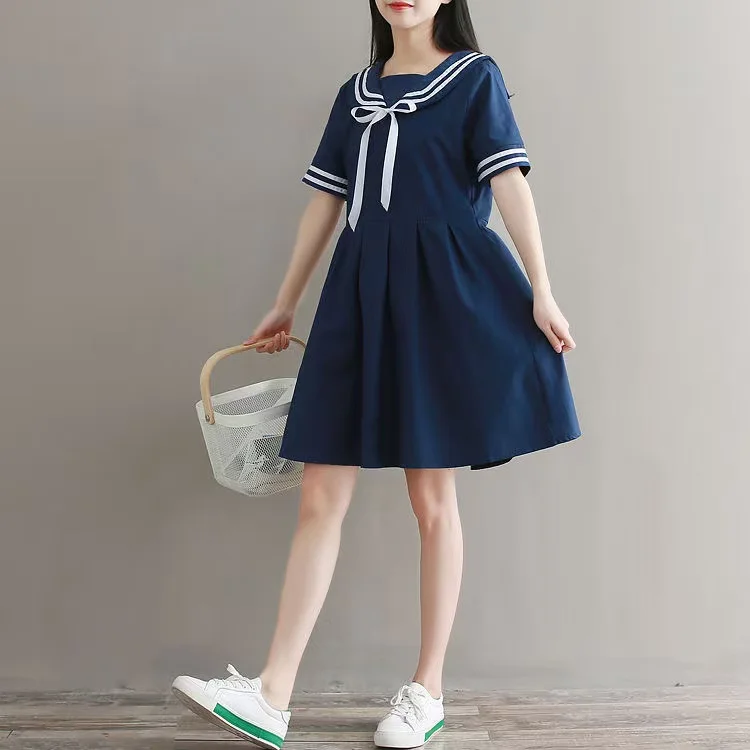 2025 Autumn Summer New Women\'s Dress Female Cotton-Line Sailor Collar College Sweet Striped Pure Girls Dress