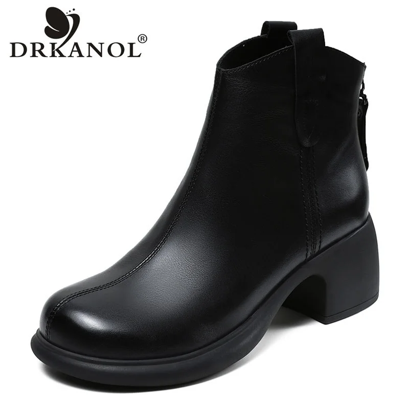 DRKANOL 2024 British Style Women High Heel Boots Round Toe Back Zipper Genuine Leather Thick Heel Warm Casual Short Ankle Boots