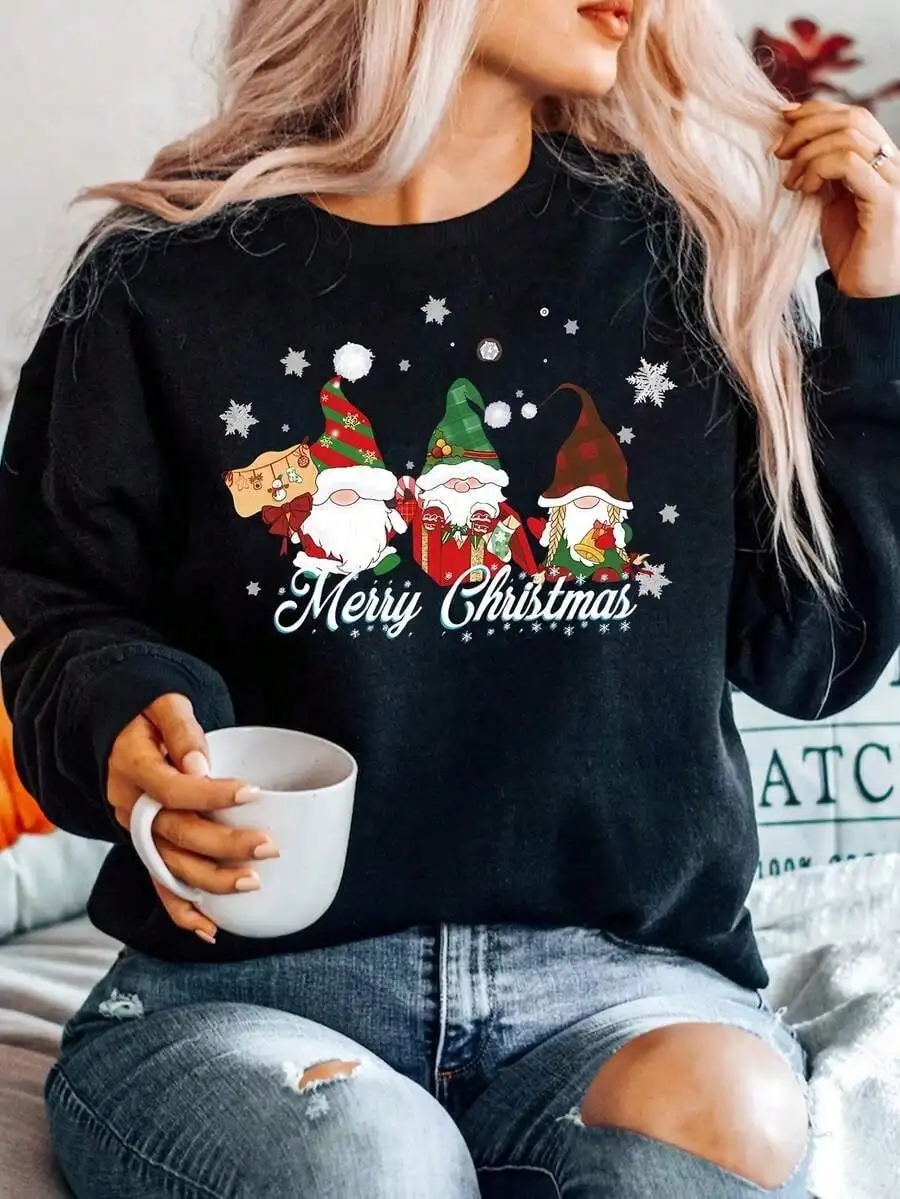 Women's Loose Christmas Gnome & Snowflake Print Sweater, Merry Christmas Graphic, Long Sleeve Crewneck, Winter Casual Pullover