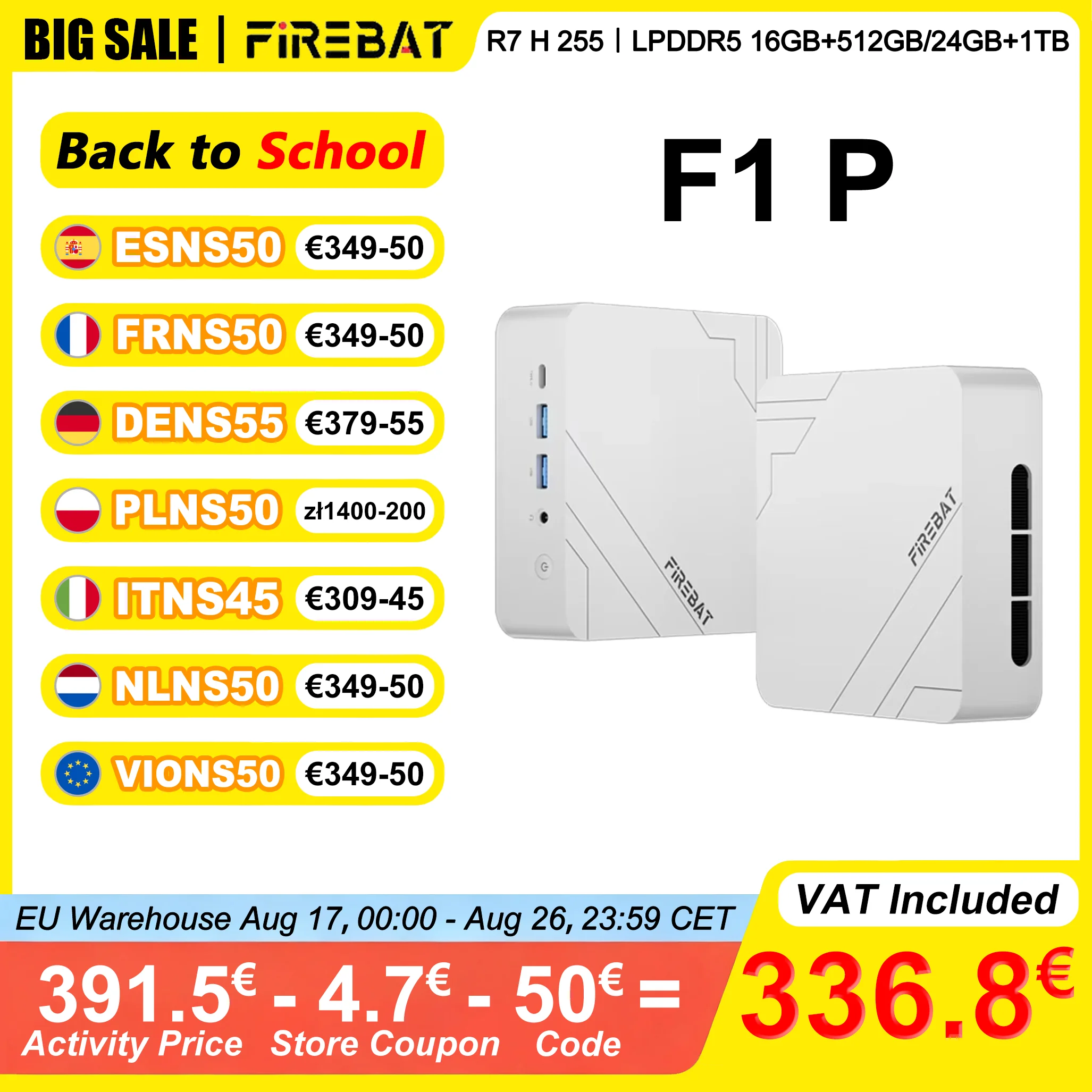 FIREBAT F1 P Mini-PC 16GB/24GB LPDDR5 5600MHz 512GB/1TB SSD AMD Ryzen 7 H 255 Win11 Pro Wi-Fi 6 BT5.2 USB4.0 Gaming Desktop Mini-Computer