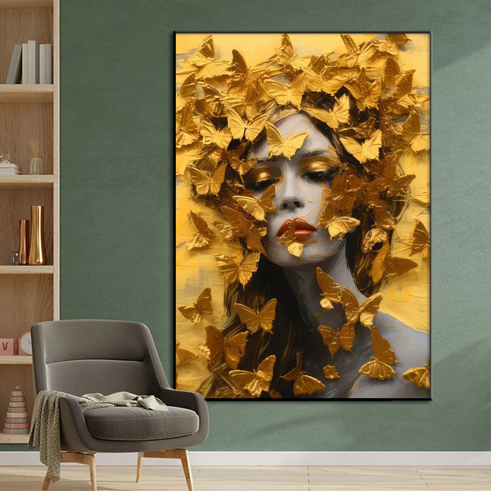 Butterfly Girl Painting Modern Abstract Large Luxury Wall Art Canvas Poster Print Purple Golden Blue Portrait Picture Home Decor