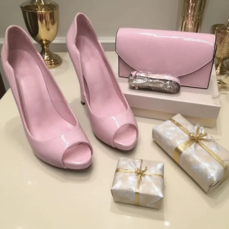 

Pink Peep Toe Platform Thin Heels Women Black Leather Pointed Toe One-Strap Pumps Shoe Bag Set Sexy Party Sandals Matching Bag