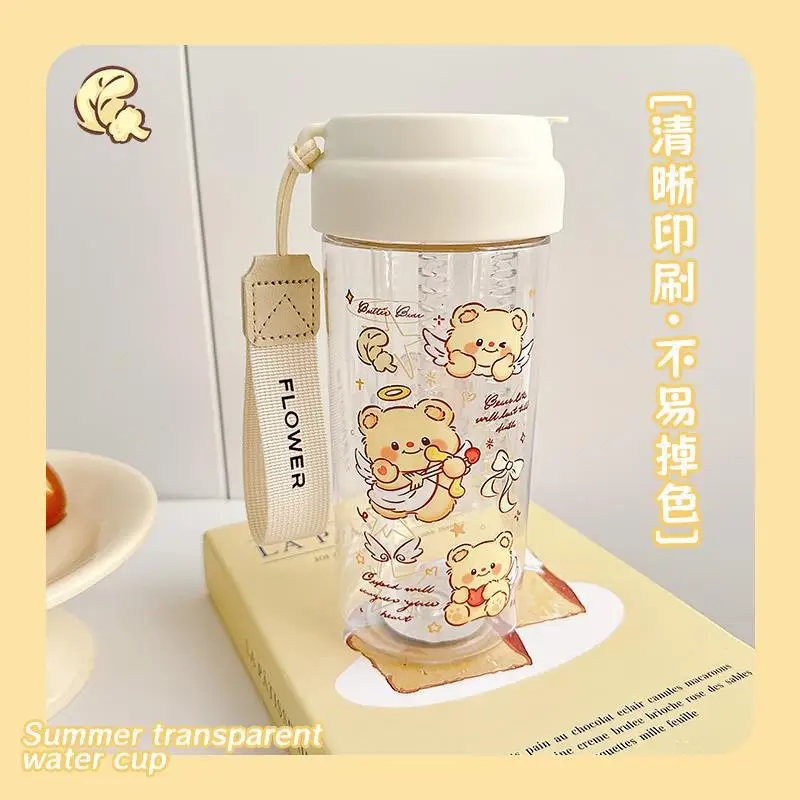 Para gran capacidad con taza de agua de oso de té, taza divisoria de plástico portátil, taza de paja transparente de mantequilla de verano de alto valor