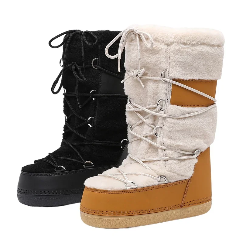 

2024 New Women Thickened Ski Space Lamb Fur Splicing Platform Thigh High Snow Boots