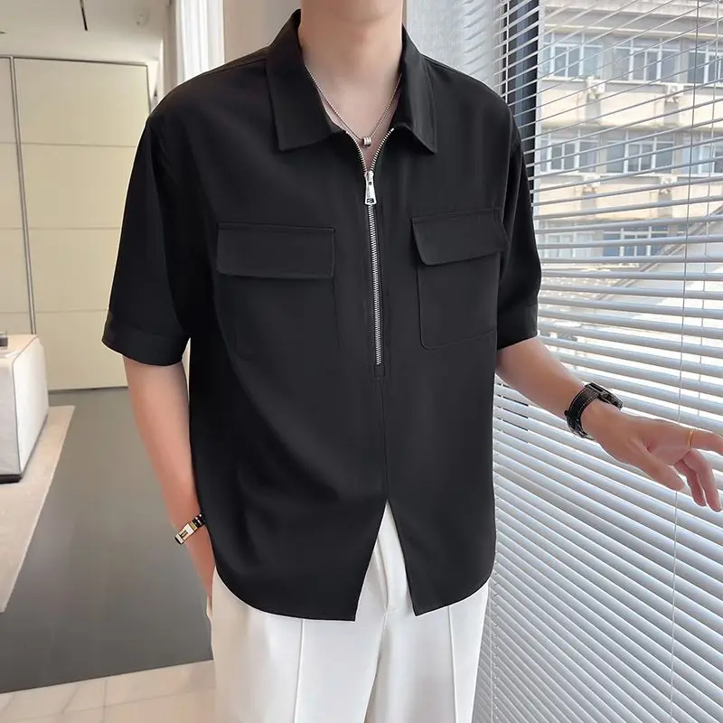 2024 Summer Leisure Fashion Versatile Zipper Design with Trendy Brand Trendy Thin Flip Collar Short Sleeve Polo Shirt for Men