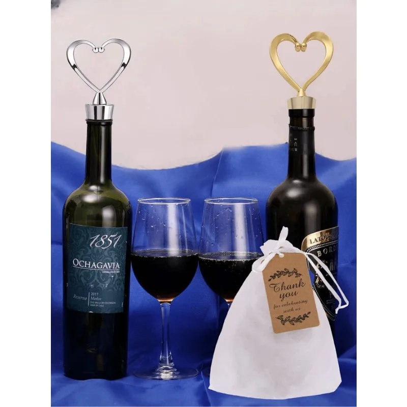 12pcs Plastic Wine Bottle Stopper Wedding Bridal Favor For Guests Heart Wine Stopper With White Organza Bags And Kraft Gift Tags