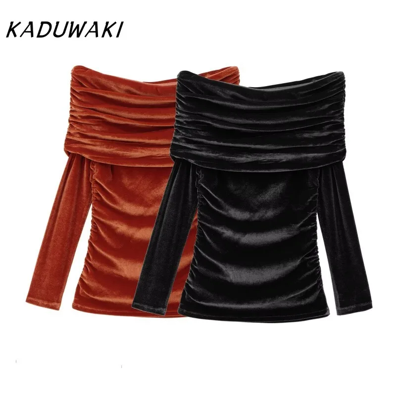 KADUWAK Fall/Winter Europe and The United States Wind One-line Collar Strapless Velvet Pullover Fashion Pleated Party Slim Tops