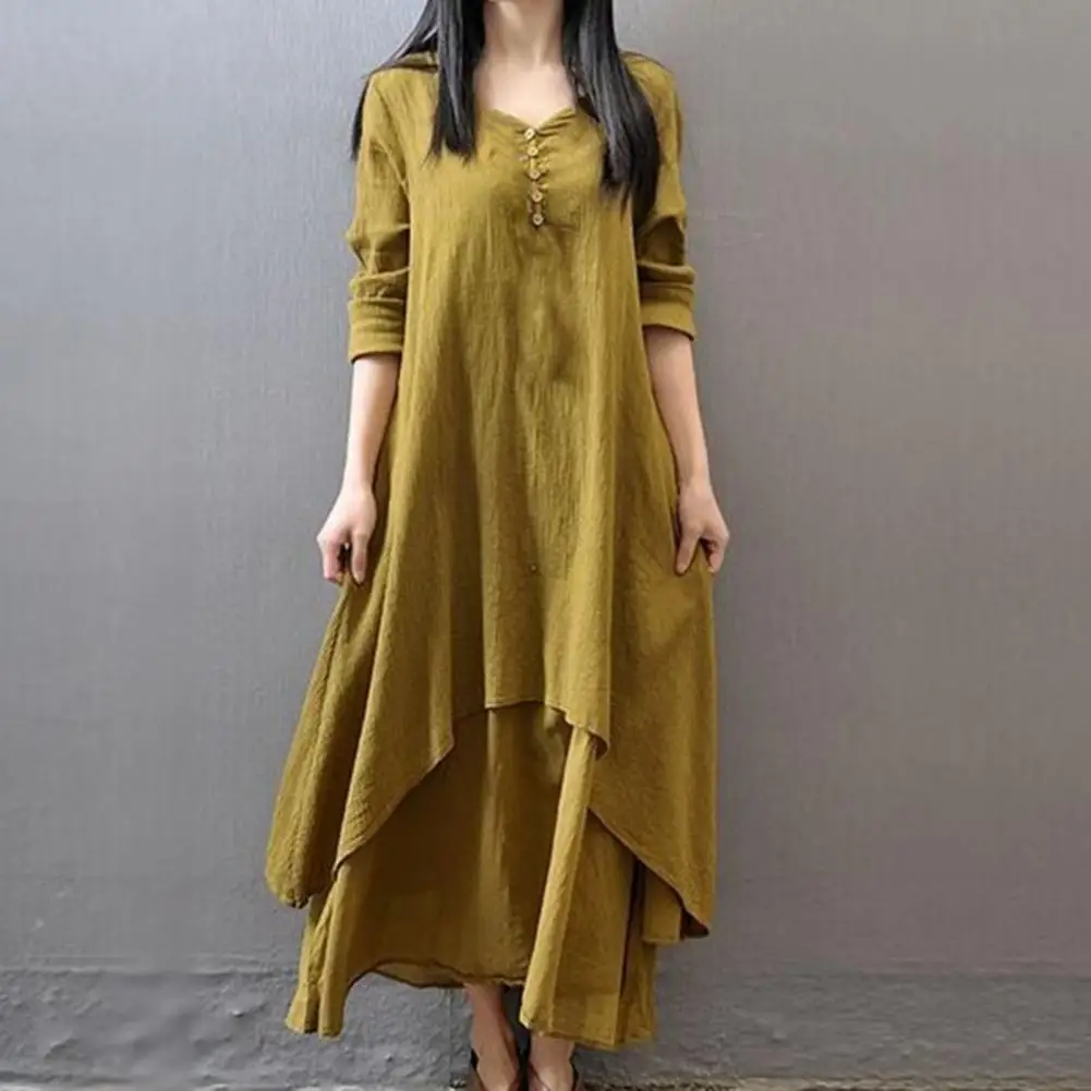 Autumn Dress Skin-friendly Robe Dress Shrink Resistant All-Matched  Fashion False Two Pieces Robe Dress