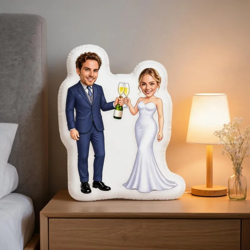 Personalized Couple Photo Shaped Pillow, Wedding Bride Groom Toasting Custom Picture Decorative Cushion, Unique Sofa & Bedroom H