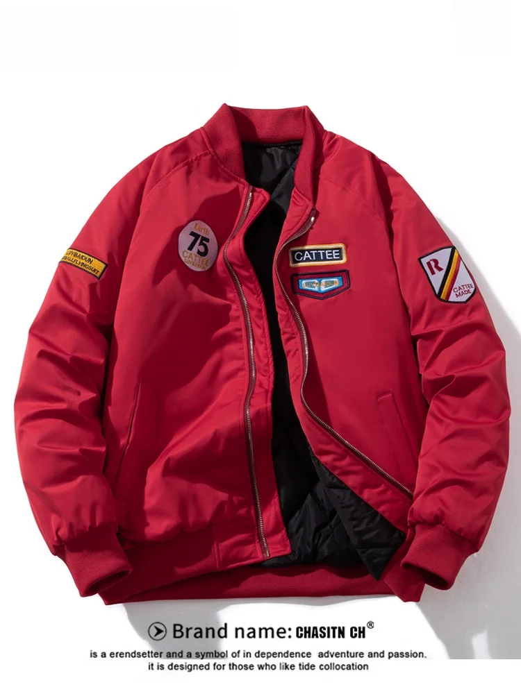 

Красная хлопковая куртка для мужчин, зимняя утепленная, теплая, свободного кроя, для пар, модная городская повседневная верхняя одежда с длинными рукавами на молнии