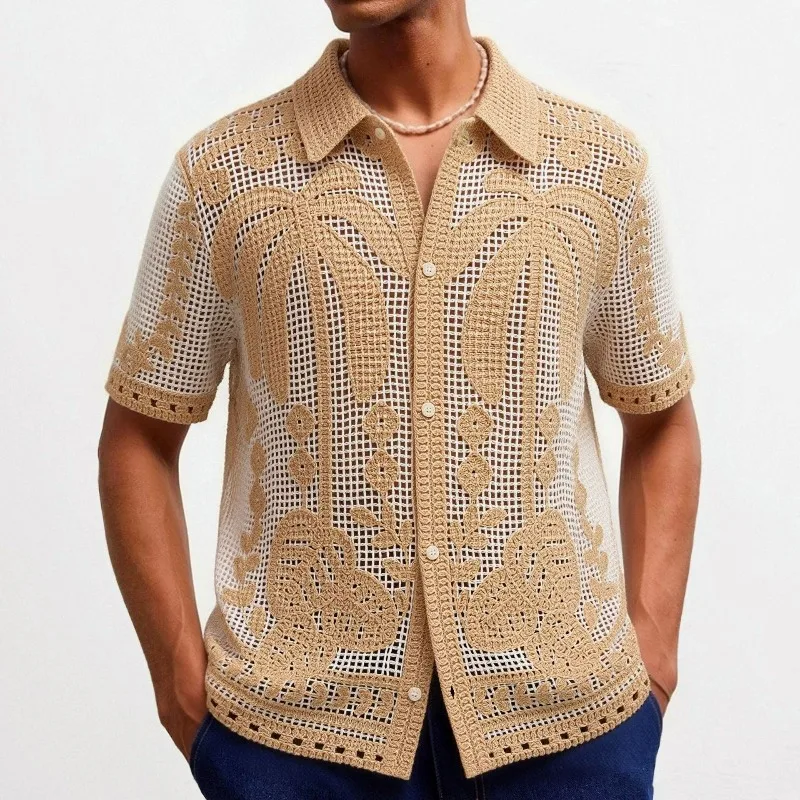 UNITIM Summer Men Shirt Fashion Printed Hollow Out Man T-shirt Thin Turn Down Collar Short Sleeve Vacation Beach Casual Male Top