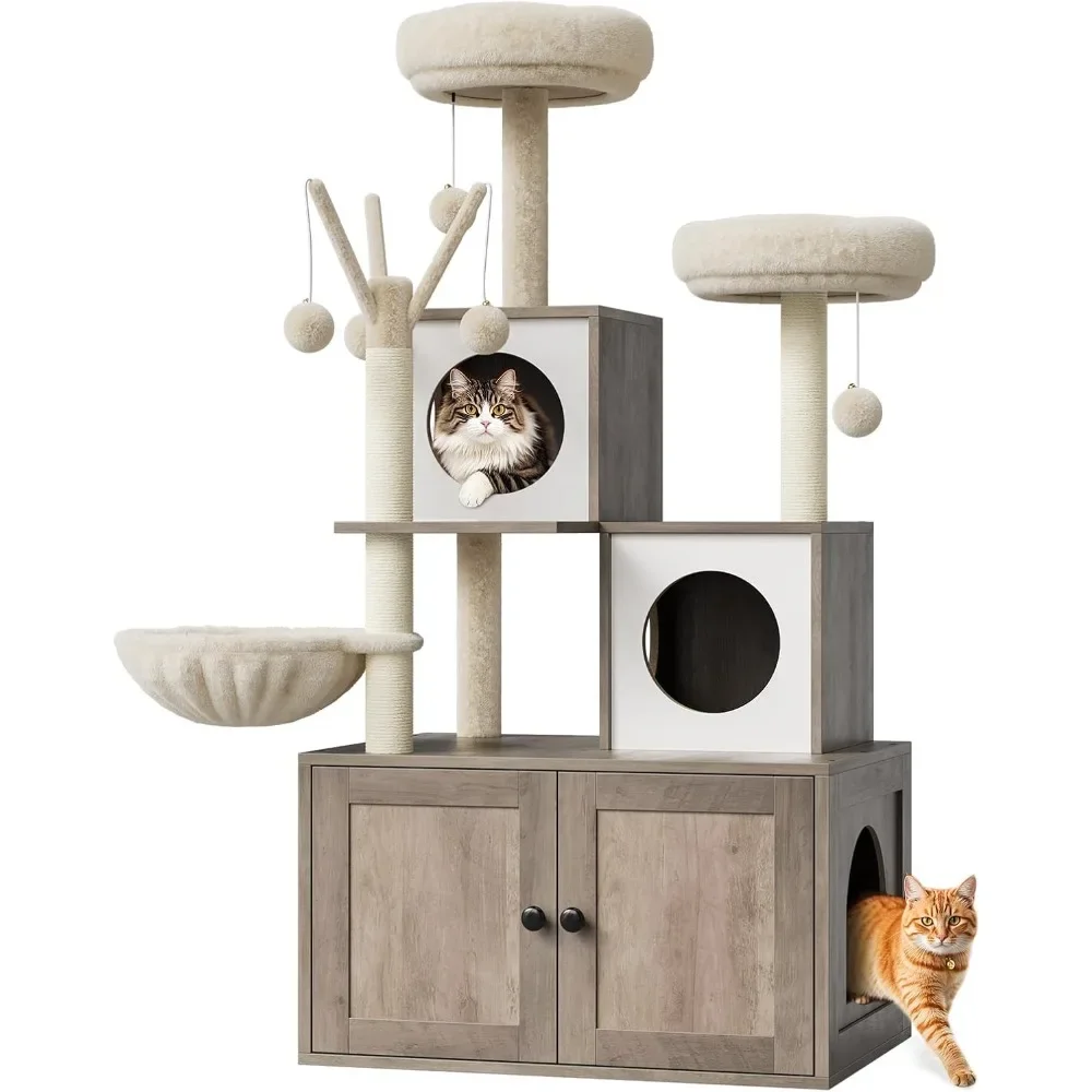 

Cat Tree with Litter Box Enclosure 54.3 Inch Large 2 In1 Tower Condo with Scratching Post, Dangling Balls, Backet & Top Perch
