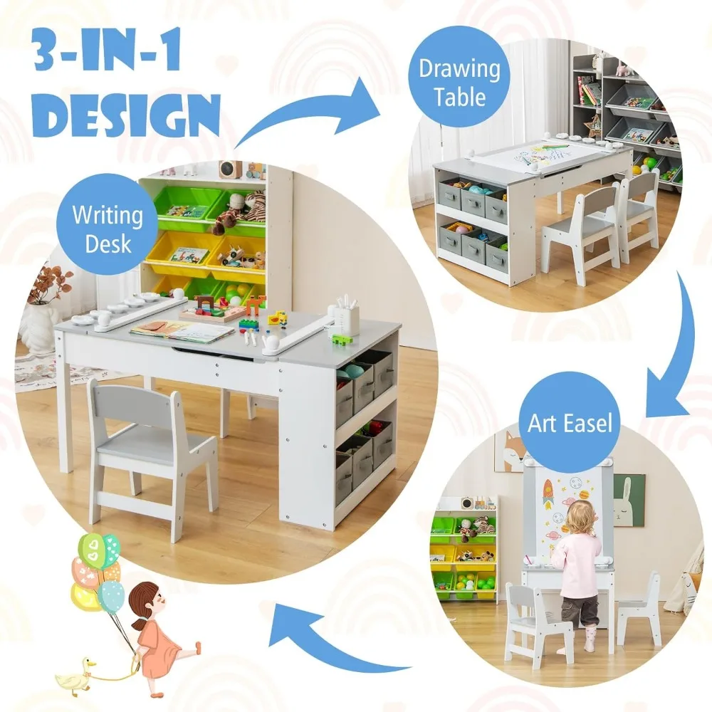 Kids Table and Chair Set, 3 in 1 Wood Arts and Crafts Activity Table w/Paper Roller, 6 Paint Cups & Storage Canvas Bin