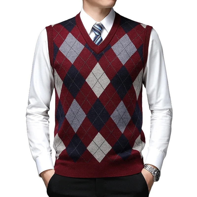 

Autumn Winter Men's V-neck Sleeveless Checkered Sweater Vest Fashion Casual Slim Fit Thick Warm Knitted Sweater Waistcoat
