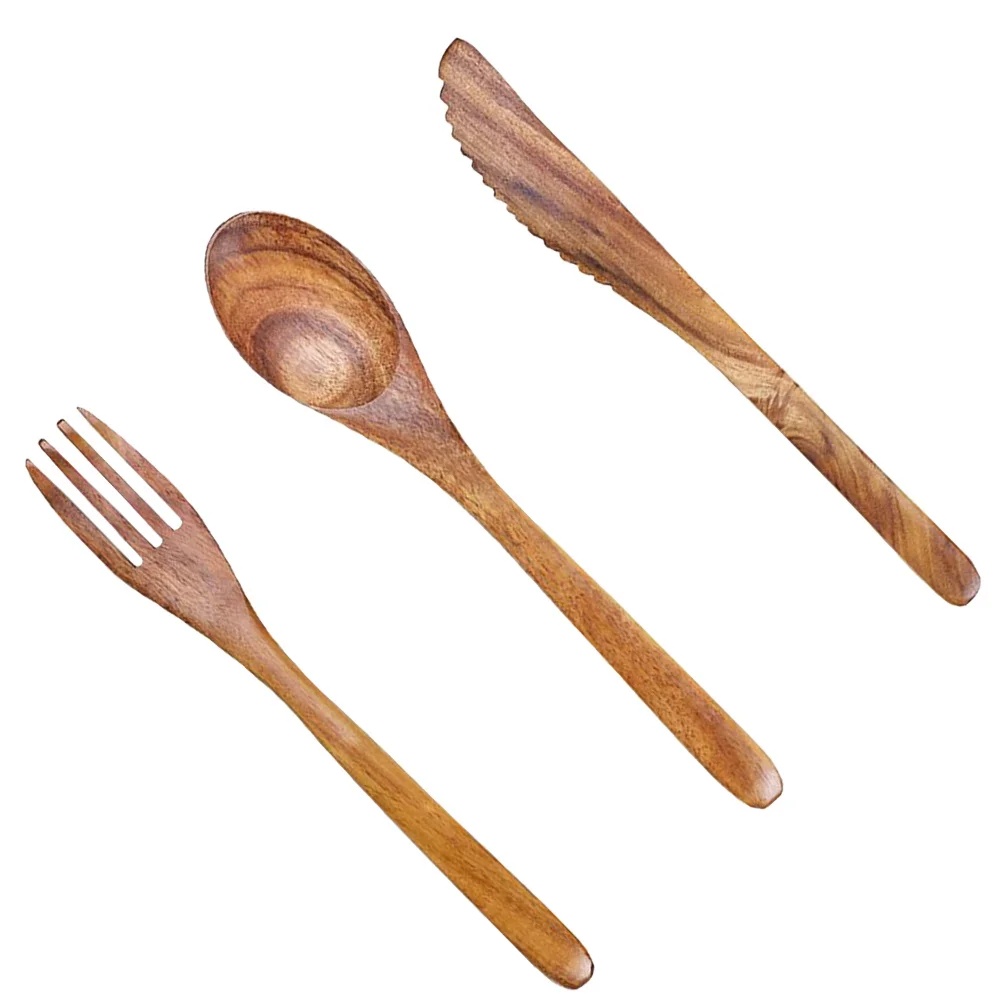 

1Set Wood Tableware Simple Smooth Polishing Reusable Knife Fork Spoon Dining Utensil Set Portable Flatware for Party Picnic