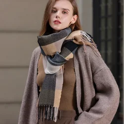 Écharpe à Carreaux en Cachemire Chaud pour Femme, Long Bandana, Pashmina, Châle à Pompon, Collection Hiver 2023