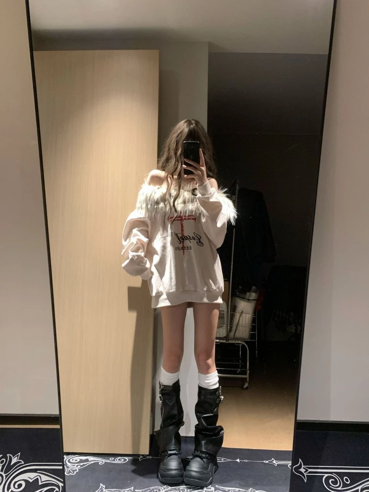 Y2K Hot Sweet American Vintage Allentato Sottocultura Felpe 2000s Harajuku Sexy Casual Coreano Collo di Pelliccia Con Cappuccio Autunno Chic