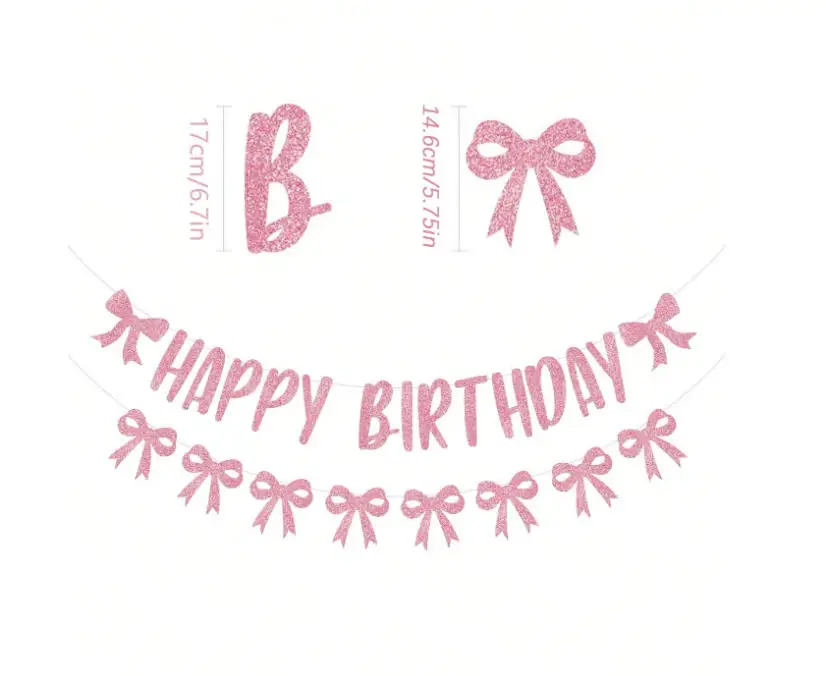 Birthday Bows Garland Banner, Glitter Pink Happy Birthday Bow Decorations For Women, Pink Birthday Party Supplies