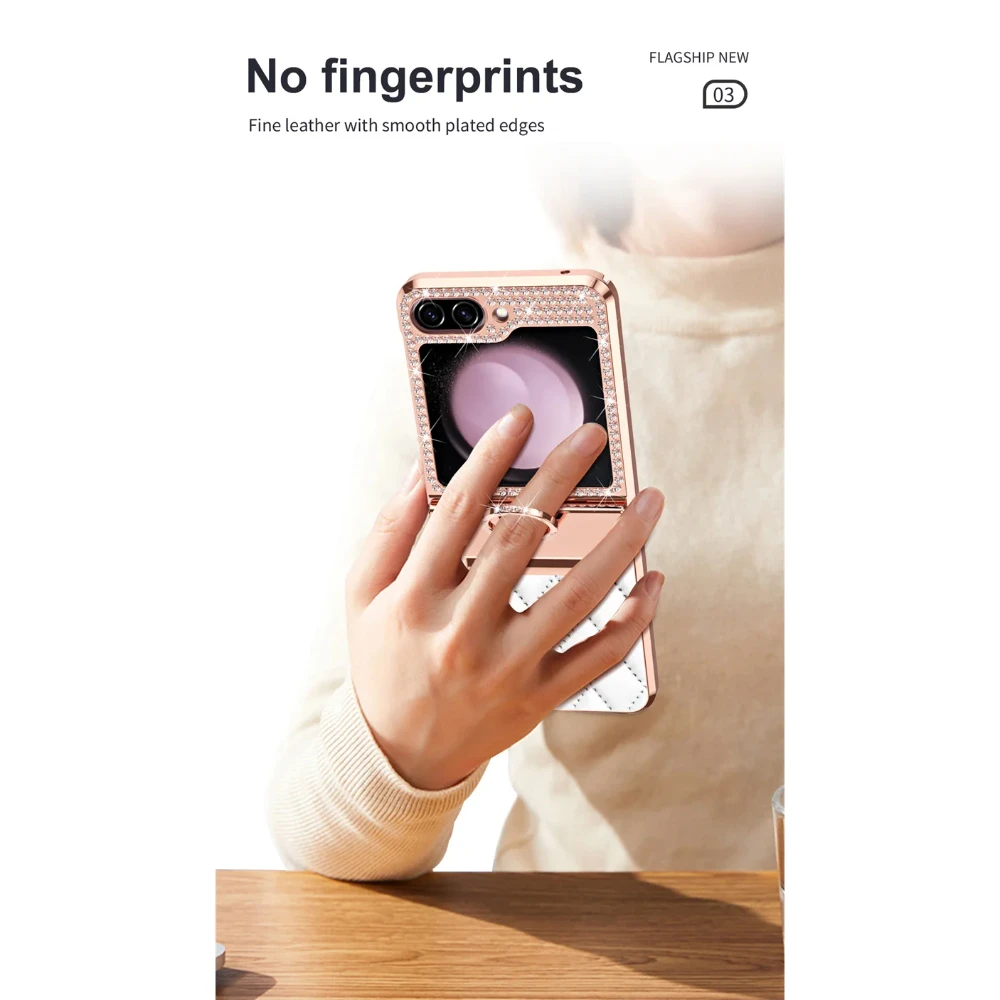 Skórzane etui na telefon z brokatowym diamentowym zawiasem, odporne na wstrząsy etui ochronne z pierścieniem do Samsung Galaxy Z Flip 6 5 4 3 5G — zdjęcie produktu 3
