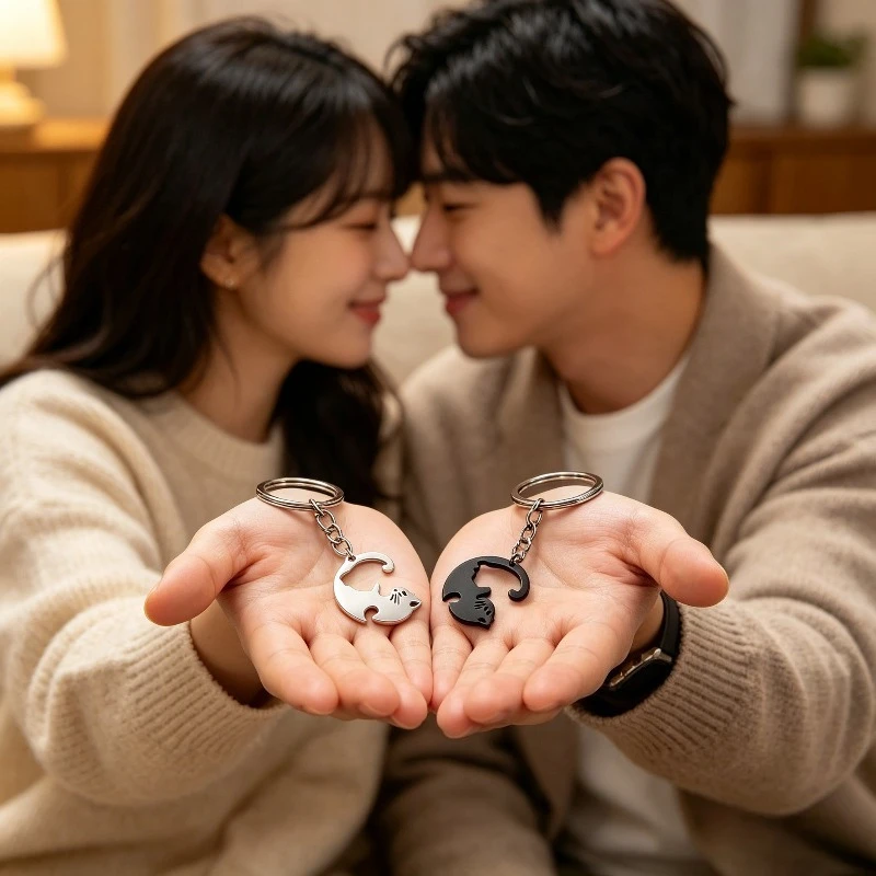 Cute Hug Cat Keychain Creative Patchwork Heart Round Keyring Couple Lovers Key Chains Bag Pendant Car Keyholder Accessories Gift image 2