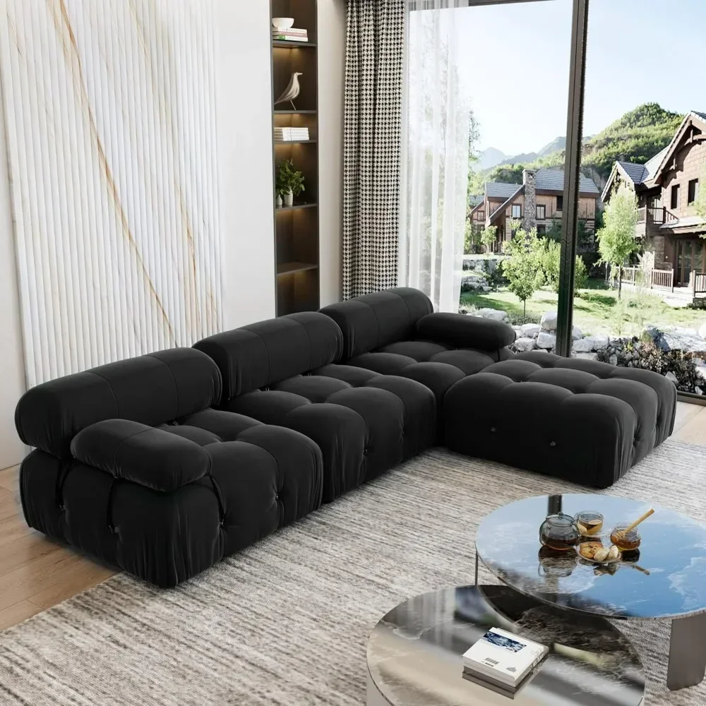 Modular Sectional Sofa with Ottoman, 103.95 Inch Convertible Sofa Couch with Reversible Chaise, Velvet L Shaped Minimalist Couch