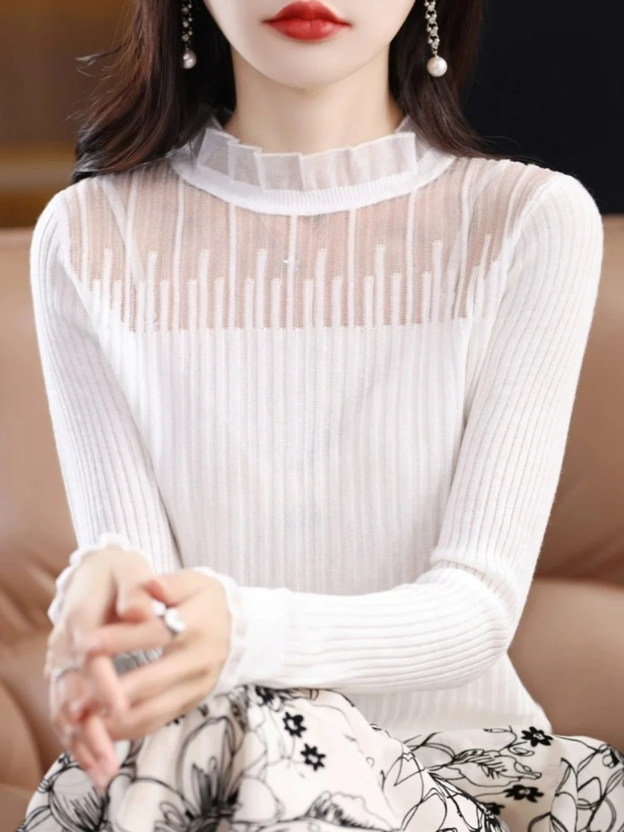 

Ele кружевная отделка Long Sve вязаный шерстяной кардиган женский облегающий тонкий высокий воротник основа irt Commute Sle весенний сезон