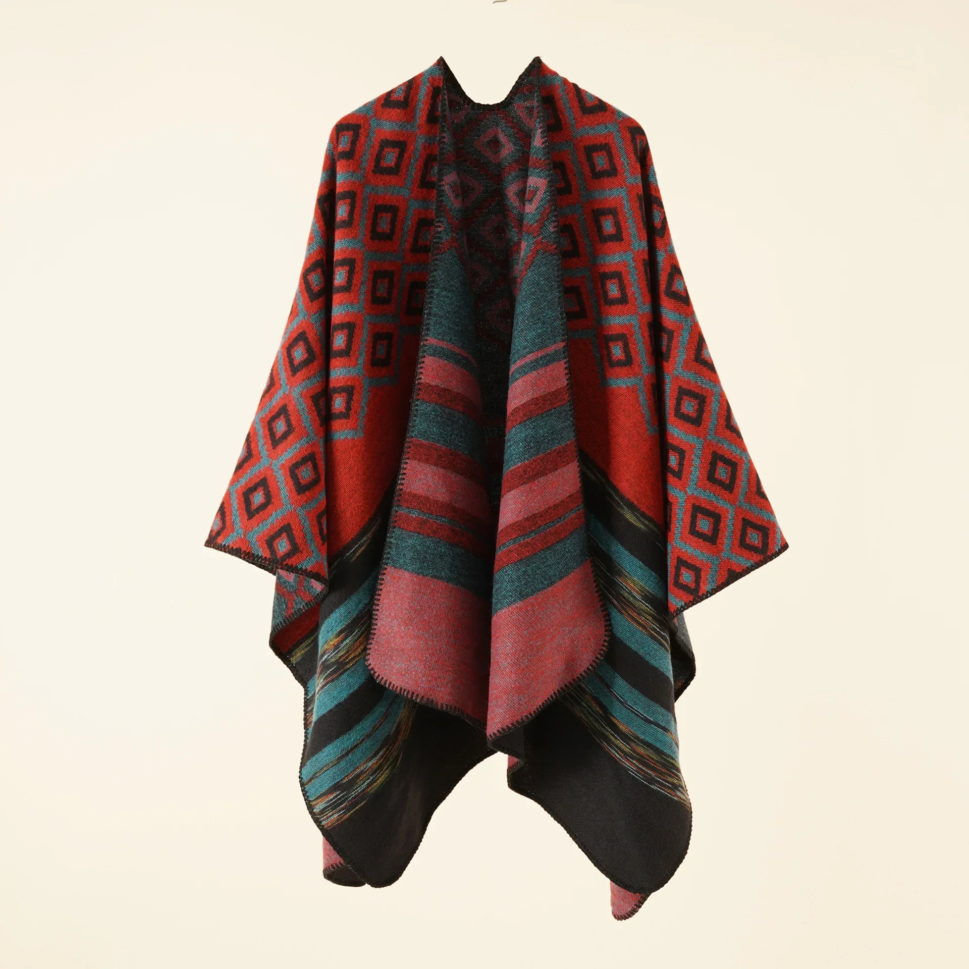 2025 Autumn Winter New Geometric Stripe Pattern Imitation Cashmere Warm Casual Women  Shawl  Poncho Capes Lady Coat Wine Red