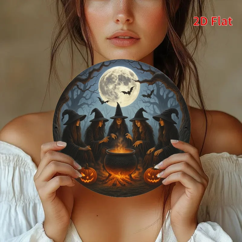 2D Flat, 2D flat printing, retro round iron sign- witch party and magic stew pot, suitable for bedroom, dining room, Living room