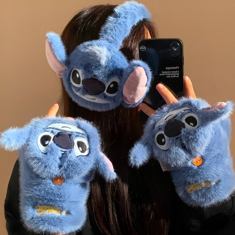 

Disney Stitch Half Finger Flip Gloves for Women in Winter Warm Plus Thick Fleece Cute Student Writing to Prevent Cold