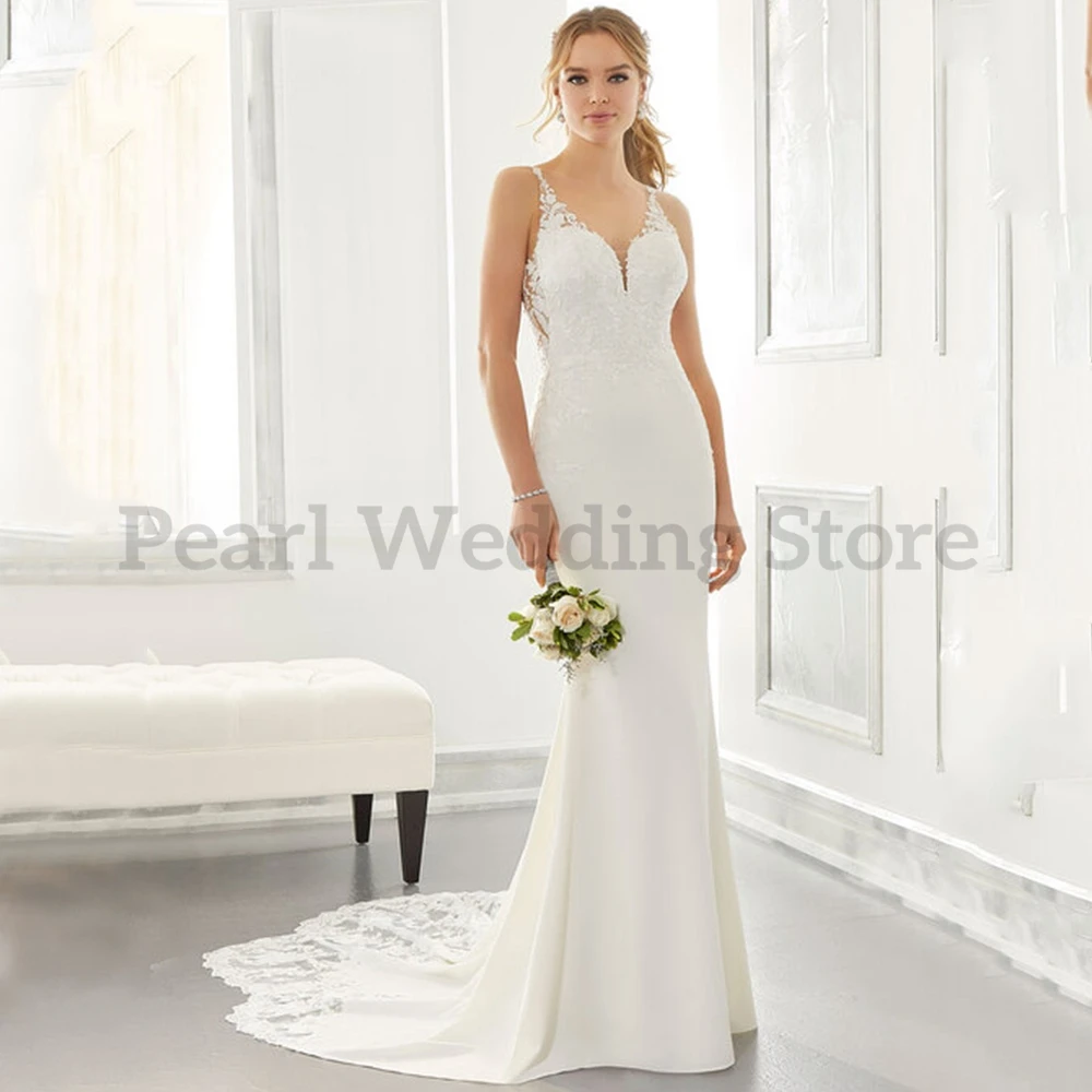 Pmwrun Einfache V-ausschnitt Hochzeit Kleid von Backless Appliques A-linie Tüll High-end-Braut Strand Am Meer Heiraten Kleider Multi Größe