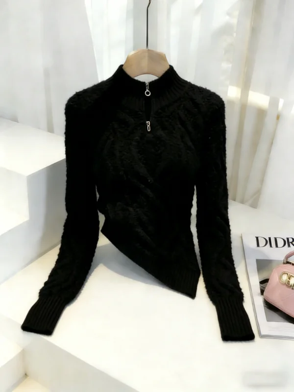 

Retro Korean High Collar Zipper Tweed Sweater Women's Faion New Asymmetrical Versatile Knitted irt Soft Long Sve Breat...