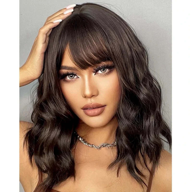 

Новые модные женские парики из натуральных волос темно-коричневого цвета, волнистые, 14 дюймов