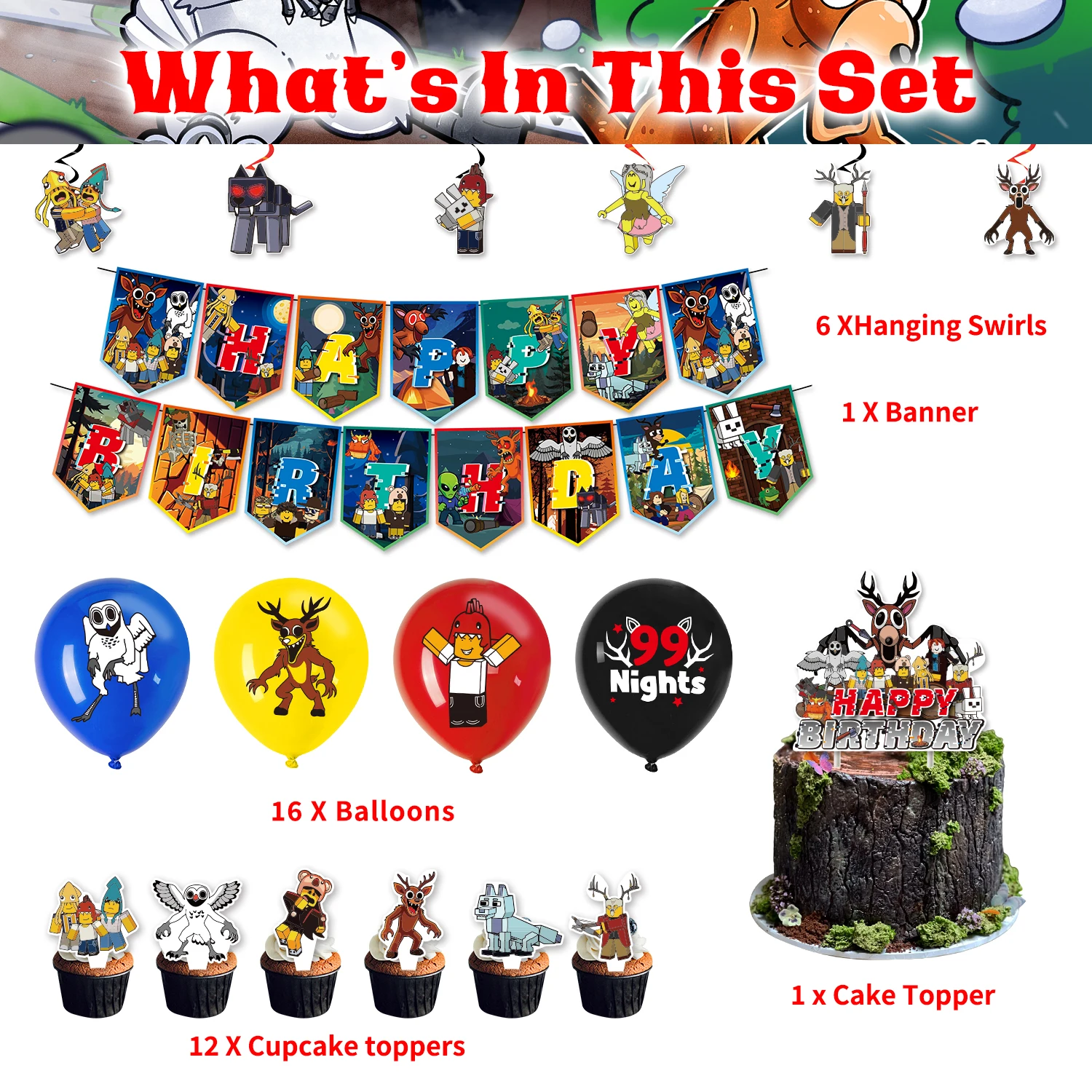 Heiße 99 Nächte im Wald Geburtstag Party Dekoration ROBLOX Flagge Banner Ballon Kuchen Topper Set Party Supplie Kind Karneval Geschenk