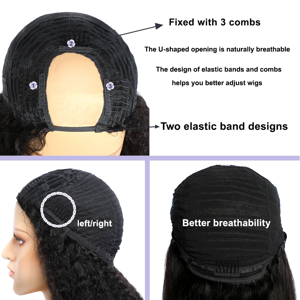 Megeen-Curly U parte peruca de cabelo humano para mulheres, cabelo virgem, cor natural, sem cola, peruca de máquina, iniciante, 30"