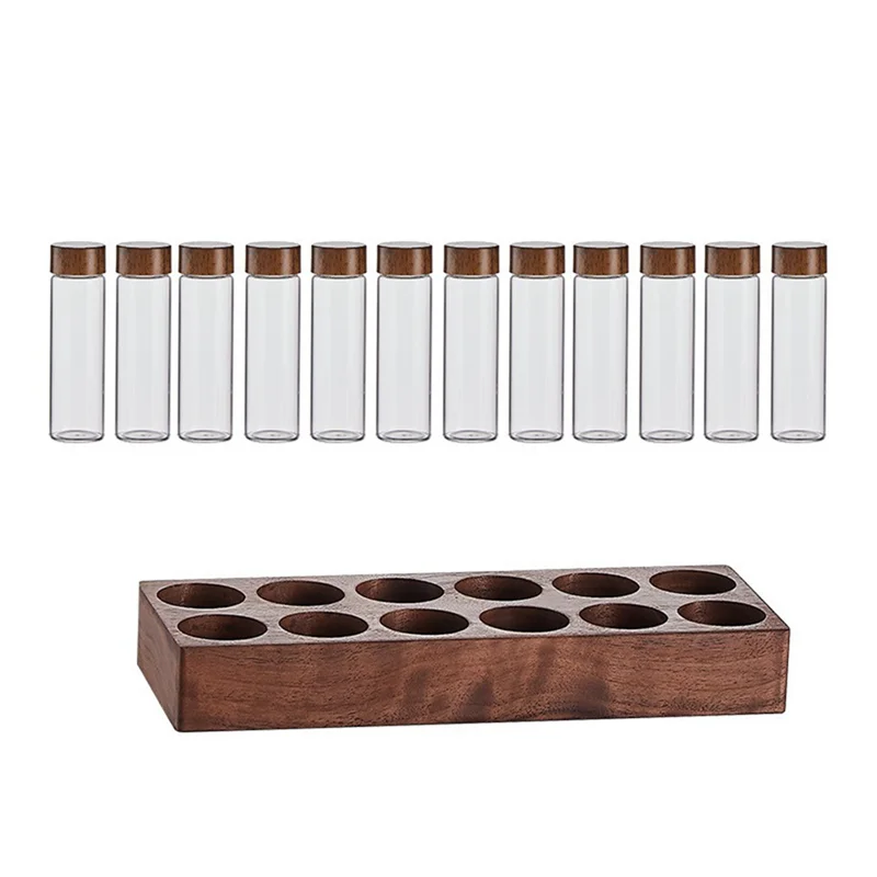 Coffee Beans Storage Container Coffee Tea Test Tube Glass Bottle with Walnut Display Rack Espresso Coffee Accessories B