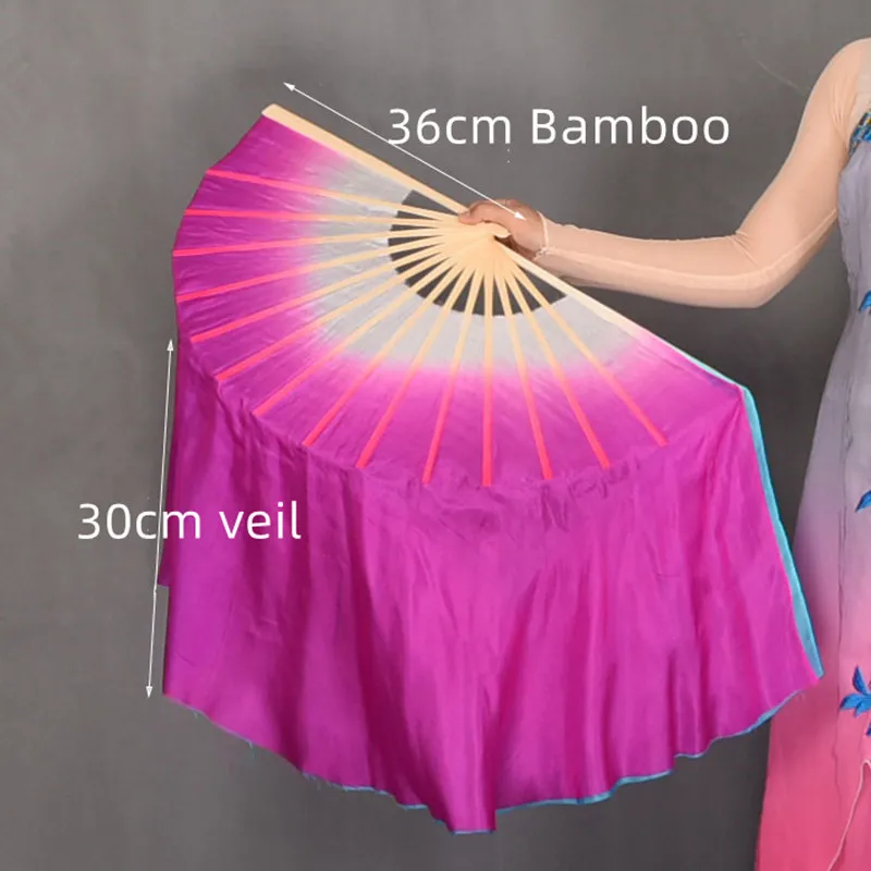 Women Bellydance Silk Veil Pairs Adults Real Silk Fan Veil Double Sided Bamboo Long Fan Hand Dye Blue Pink Flowy Dancer Props - Image 6
