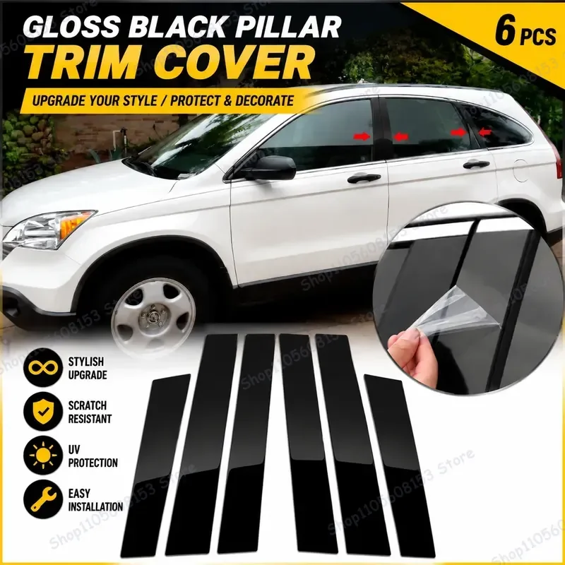 For Honda CRV 2007 2008 2009 2010 2011 Door Pillar Cover Side Window Trim Sticker Black Glossy Interior Decorative Accent
