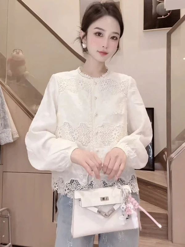 

Pearl Button round Ne Lace Trim Long Sve Women's irt Spring New Sle Hollow out Design Trendy Top Korean Loose Fit
