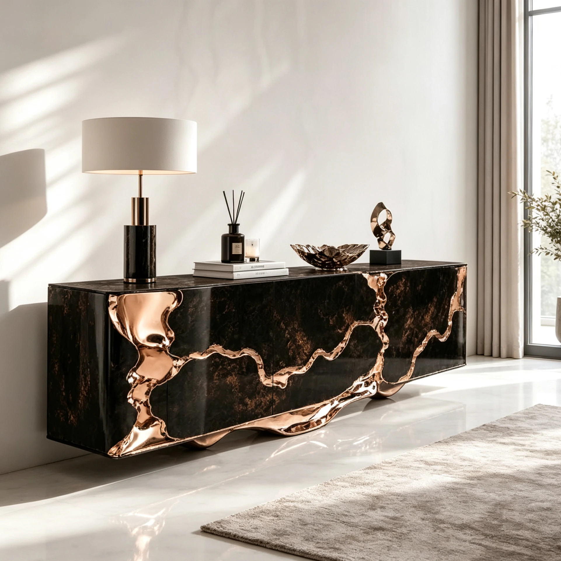 Y*-Molten Bronze Sculpted Dark Textured Sideboard Fiberglass Reinforced Frame for Modern Luxury