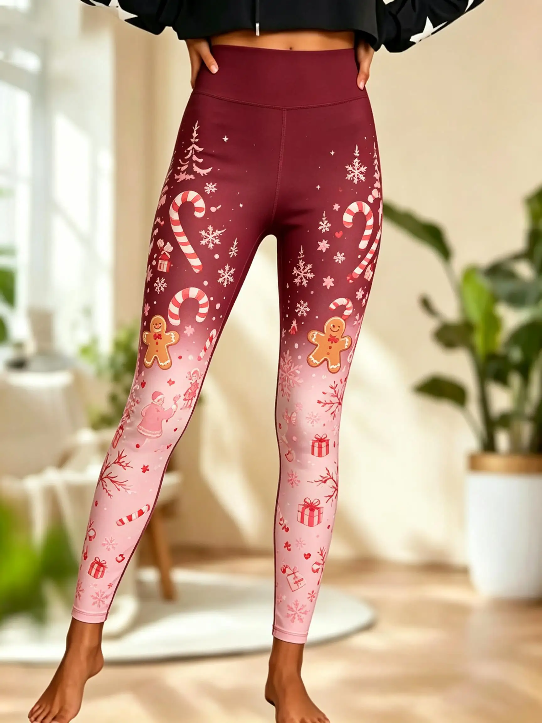 Women Fleece‑Lined Mid‑Rise Leggings Christmas Santa Kids Snow Scene Xmas Tree Gradient Print Slim Warm Pants