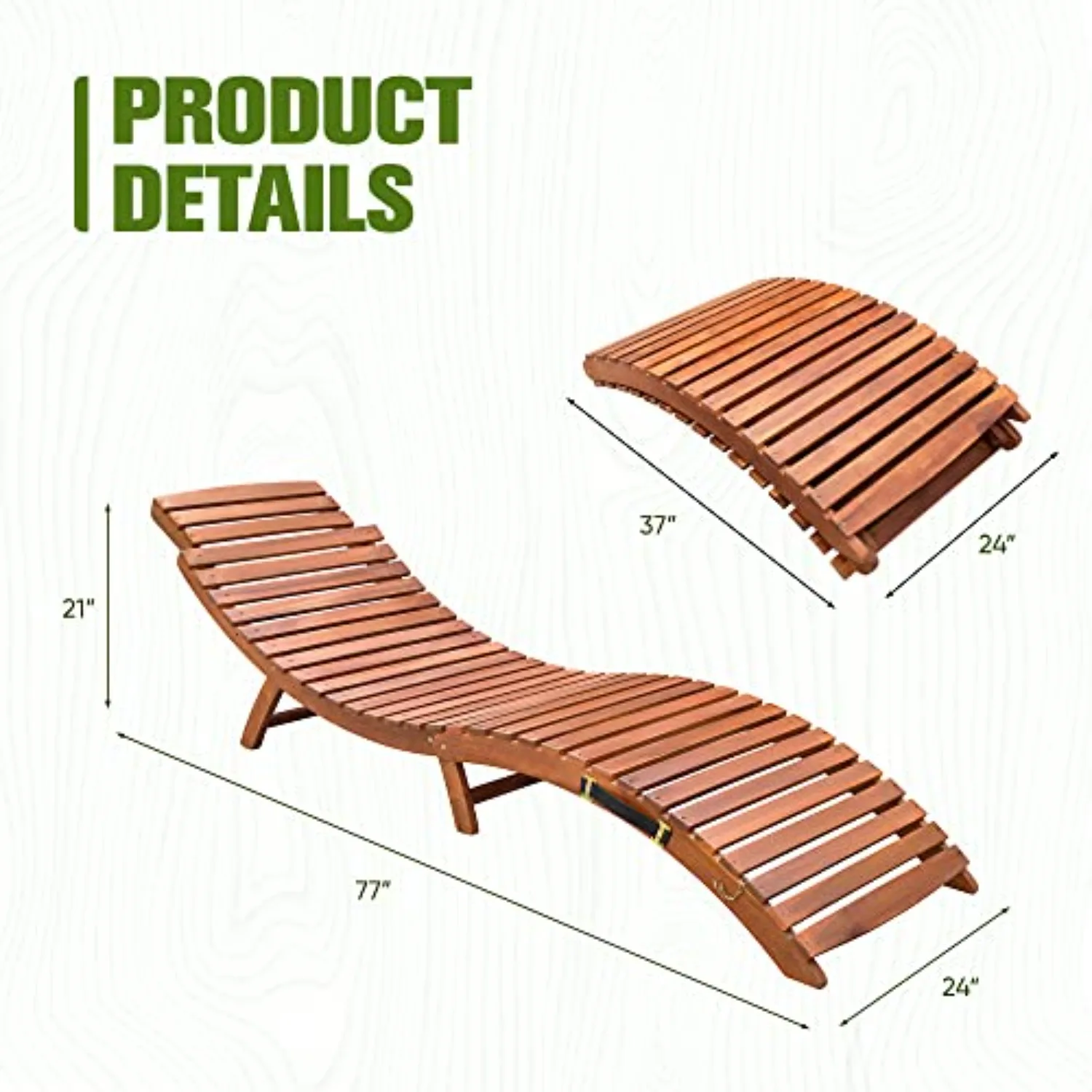 1-Piece Lounge Chair Outdoor Folding Pool Lounge Chairs | Acacia Wood Lounge Chairs for Outside, Water-Resistant Wooden