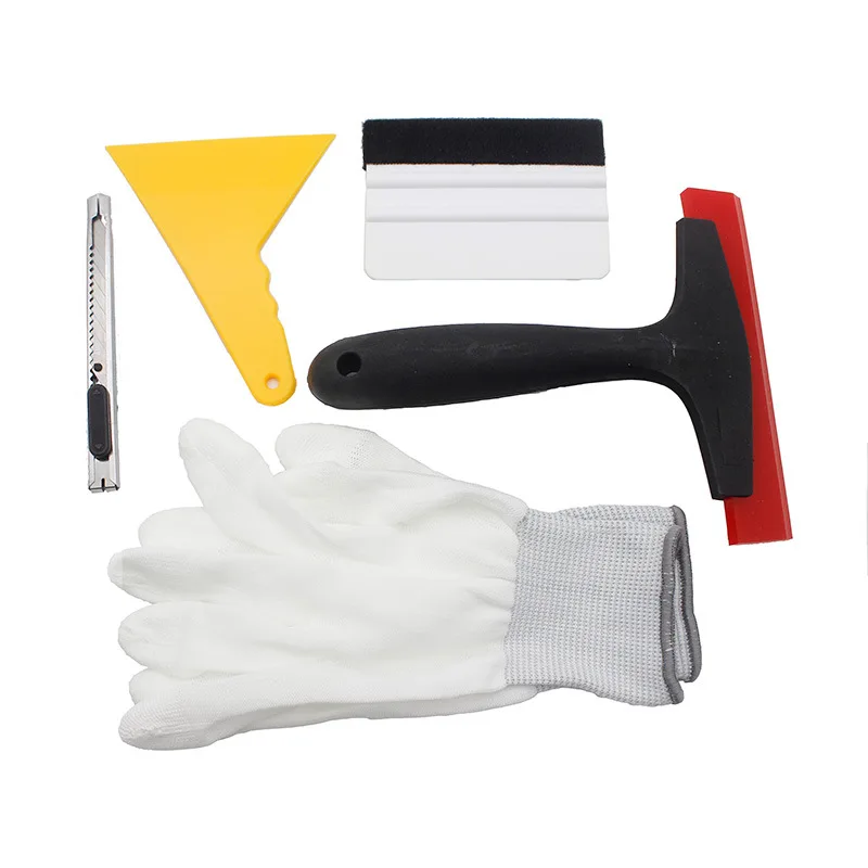 

5Pcs Set Window Tint Tool Kit Car Window Wrapping Installing Tool With Felt Squeegee Film Long Handle Scraper Gloves Knift 5SC4