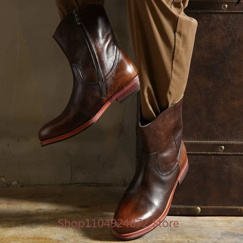 Retro Riding Chelsea Boots Men's Handmade Genuine Leather Mid Calf Side Zipper Work Outdoor Western Cowboy Boots Male Shoes