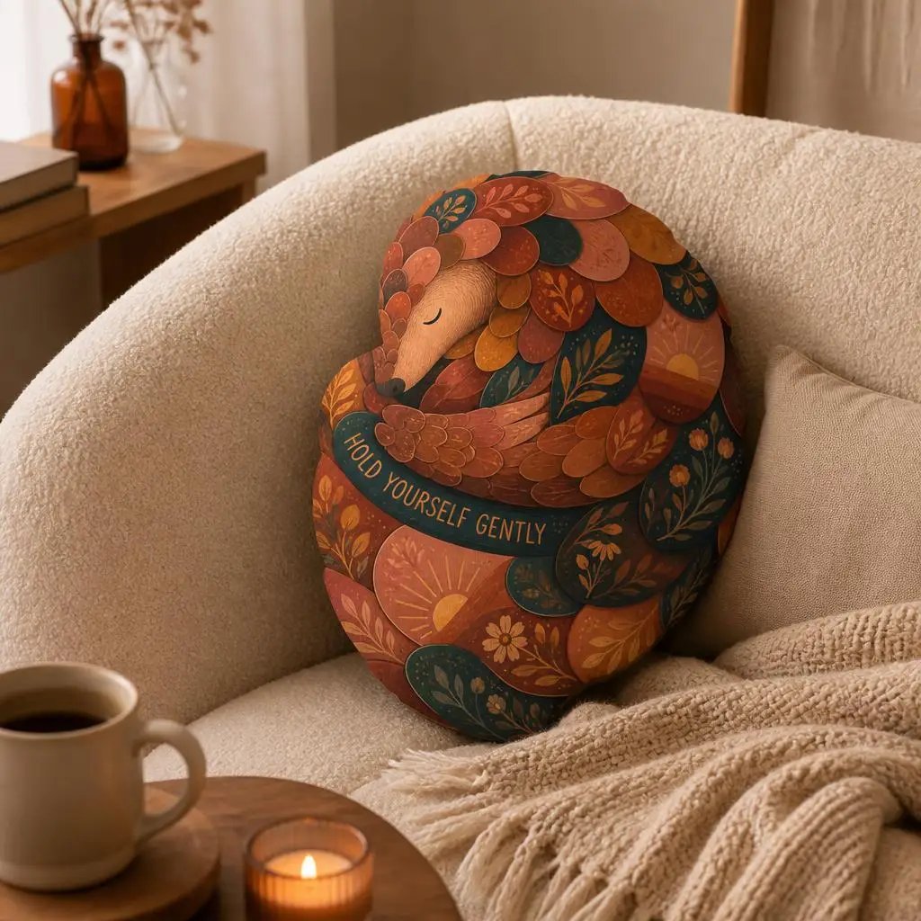 Hold Yourself Gently Pangolin Pillow Self Care Plush Cushion Folk Art Shaped Stuffed Throw Pillow Healing Gift Home Decor