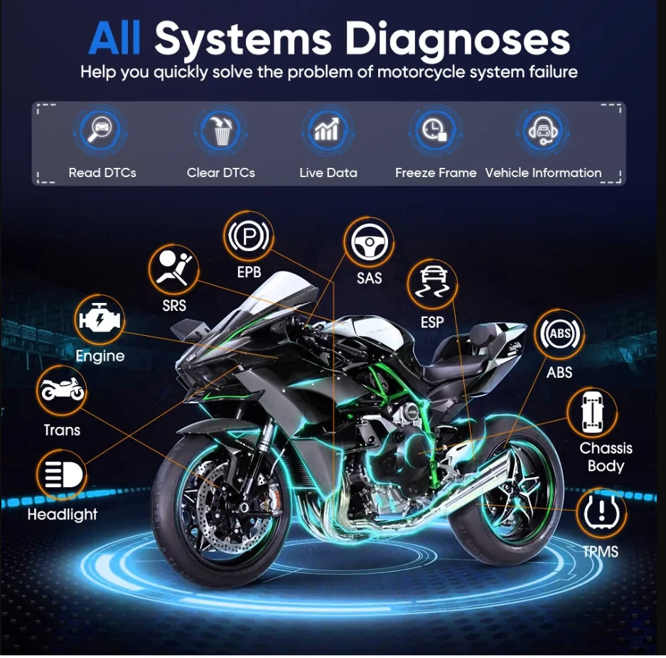 Diagnostic de tous les systèmes et plus de 35 fonctions de réinitialisation |   Ancel MT700 Scanner de diagnostic pour moto avec fonction Auto VIN