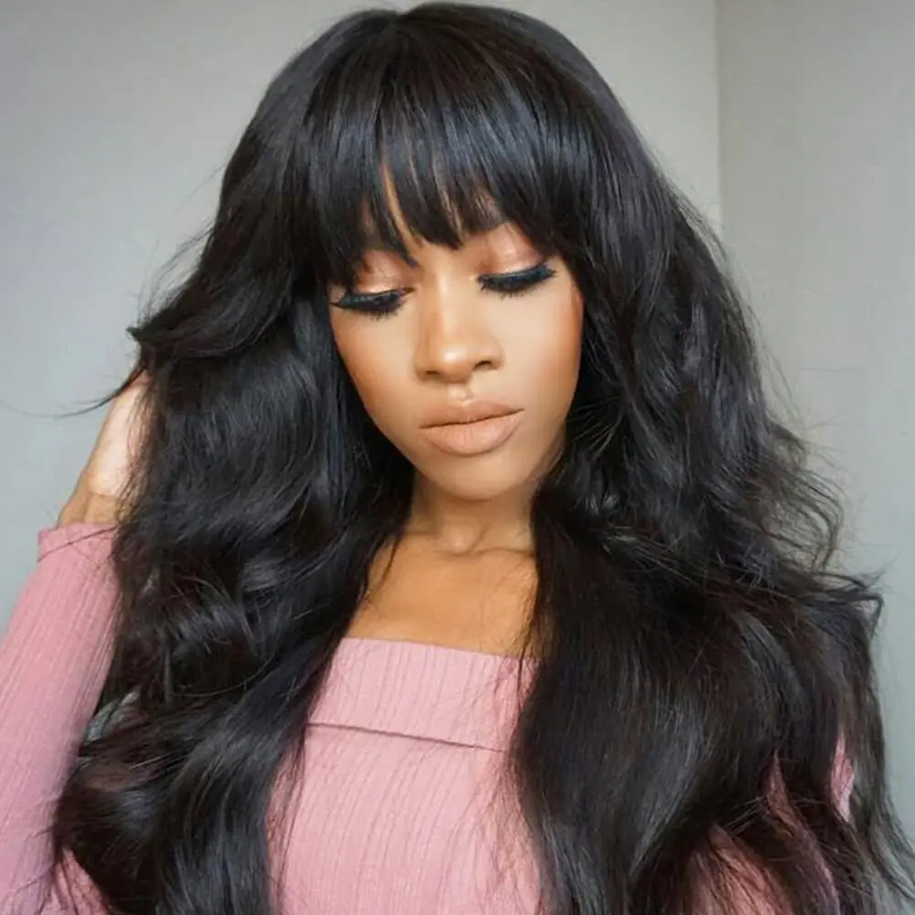 

Body Wave Wigs with Bangs Wear and Go Glueless Wig Bangs Wig Human Hair Full Machine Made Wigs 180% Density Natural Color