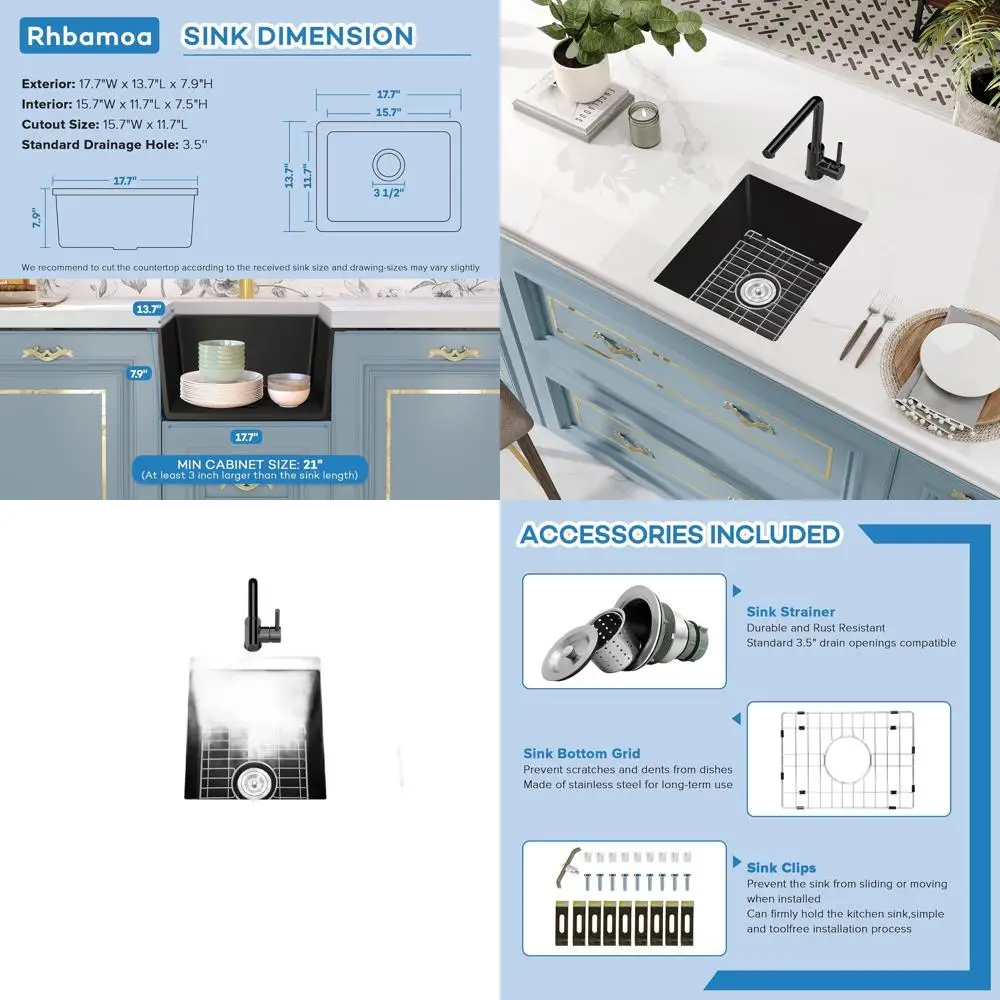 

18 Undermount Matte Black Granite Composite Bar Sink, 18x14 Single Bowl Quartz Kitchen Sink with Accessories